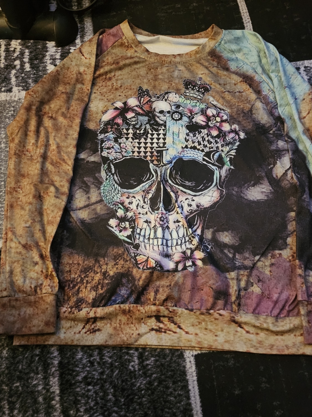 Kids Floral Skull Graphic Sweatshirt - Brown Multi